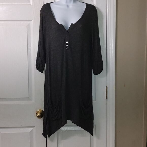 Cha Cha Vente heather gray shark bite style tunic top with pockets Sz L - Picture 1 of 5
